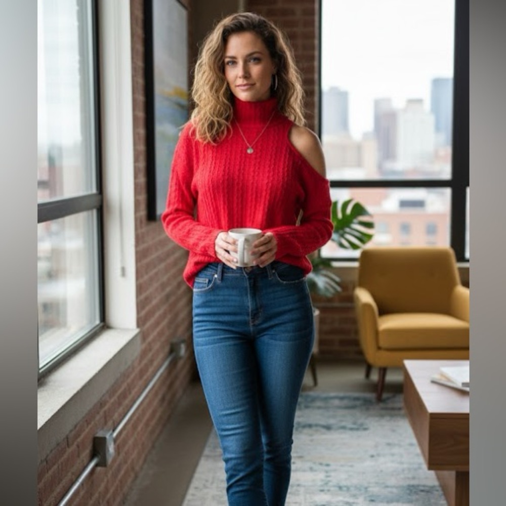 Grace & Emma Red Cable Knit Cold Shoulder Turtleneck Sweater Size S NWT Modern